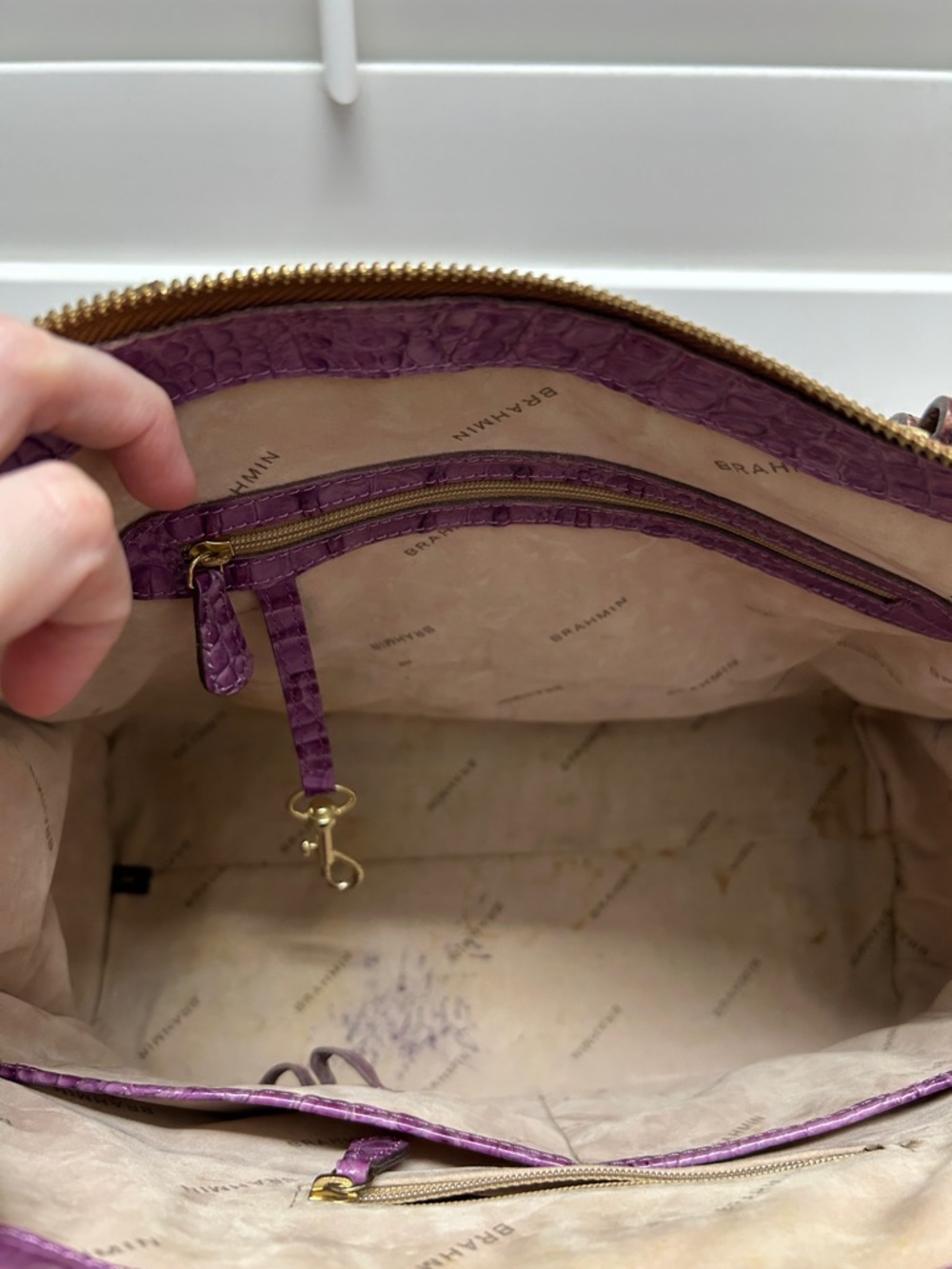 Brahmin Orchid Tri-Color Anywhere Tote Womens Croc-Embossed Shoulder Bag Purse - Picture 5 of 9